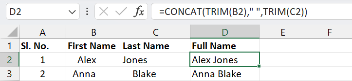 Clean and merge multiple cells using TRIM and CONCAT Function in Excel