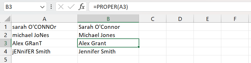 Convert randomly cased text in a cell to title case using PROPER function in Excel