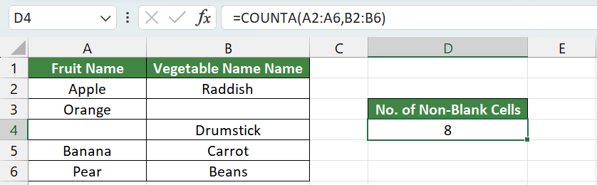 Count number of Non-Blank Cells in multiple range using COUNTA Function in Excel