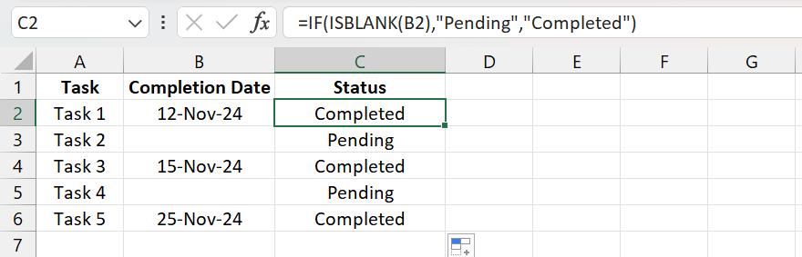 Generate task status using IF and ISBLANK Function in Excel