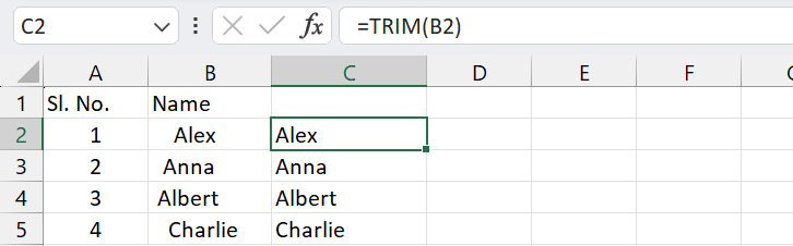 Remove all trailing and leading spaces using TRIM Function in Excel