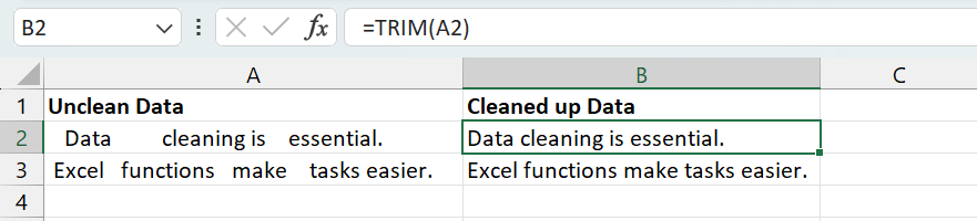 Remove unwanted spaces in excel cells using TRIM function
